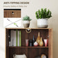 Brown pantry cabinet with open shelves and decorative containers inside