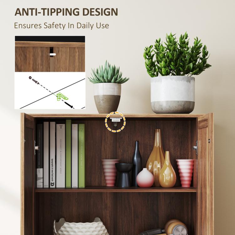 Brown pantry cabinet with open shelves and decorative containers inside