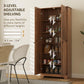 Brown pantry cabinet with adjustable shelves and height markings