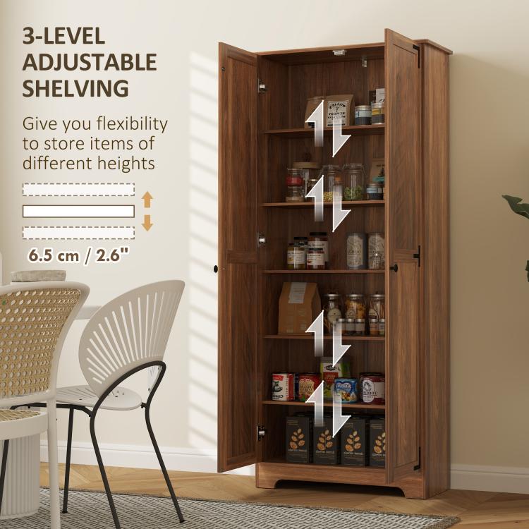 Brown pantry cabinet with adjustable shelves and height markings