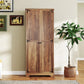Brown freestanding pantry cabinet with closed double doors and dark handle accents