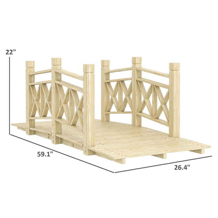 Wooden garden bridge footbridge dimensions view with deck boards and lattice rails