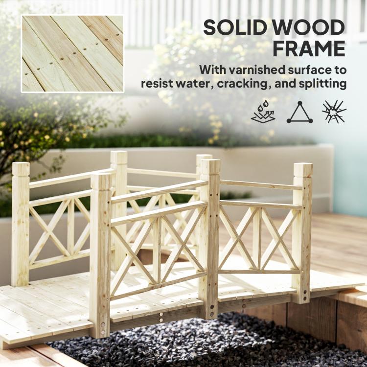 Wooden garden bridge footbridge with solid wood frame and varnished deck boards