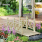Wooden garden bridge footbridge with lattice railings and wide plank walkway