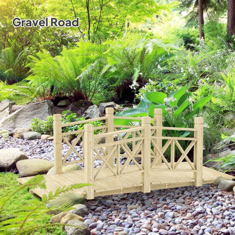 Wooden garden bridge footbridge with elevated deck and diamond lattice fence sides