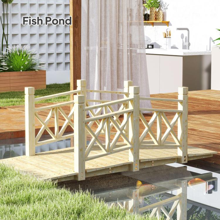 Wooden garden bridge footbridge with corner posts, handrails, and lattice panels