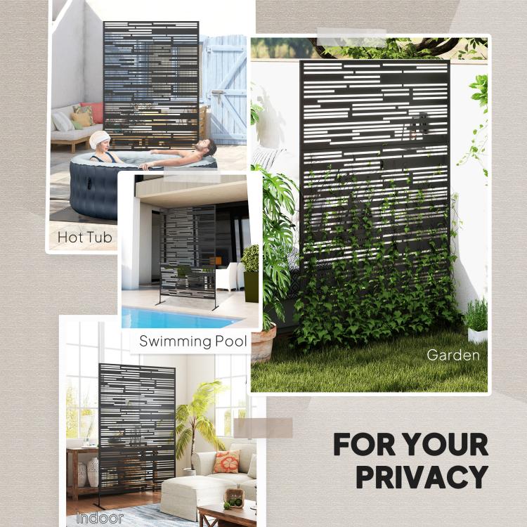 Black metal privacy screen for outdoor use with horizontal geometric slats