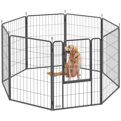 Black 8-panel metal dog playpen with arched top and open gate, dog inside