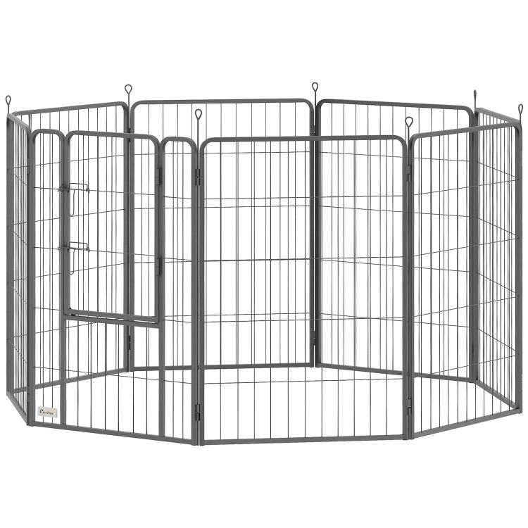 Black 8-panel metal dog playpen with arched top, front view of enclosure
