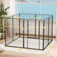 Black 8-panel metal dog playpen with size measurements shown on panels