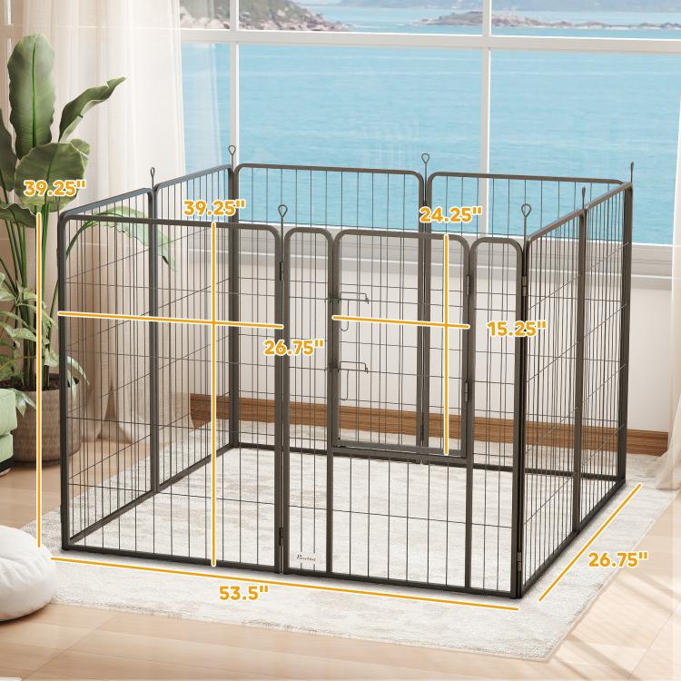 Black 8-panel metal dog playpen with size measurements shown on panels