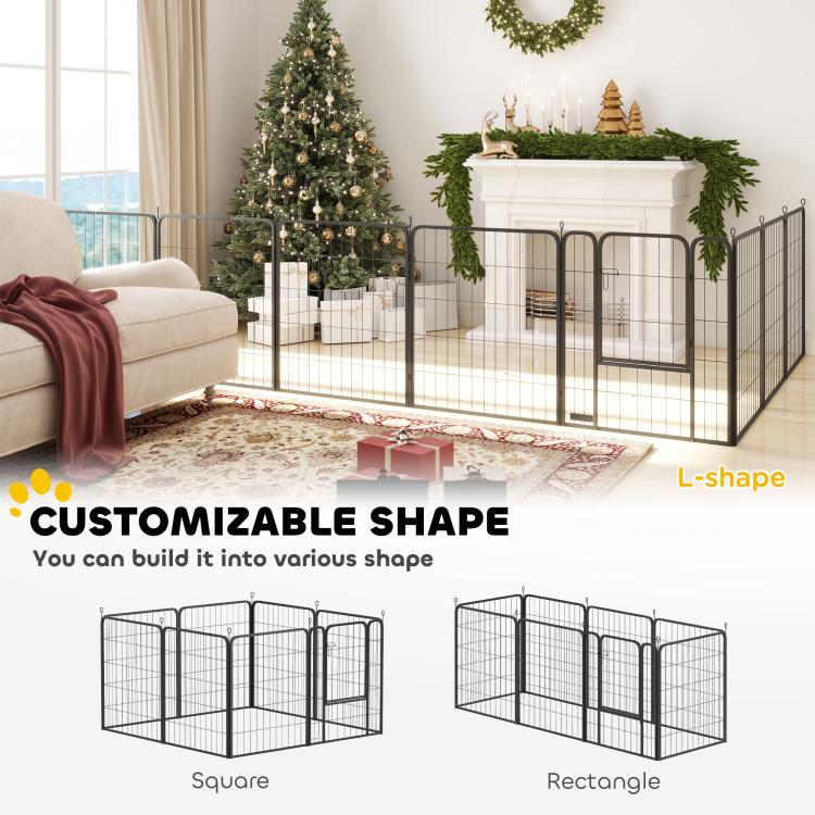 Black metal dog playpen showing square and rectangle layout options