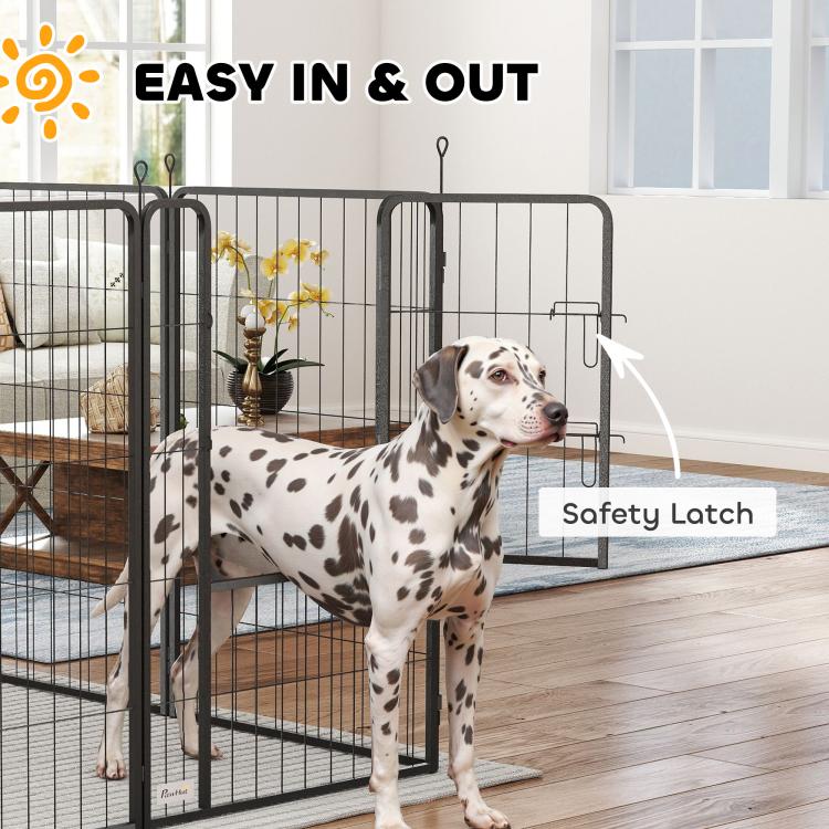 Black metal dog playpen with latch area, dalmatian dog standing inside