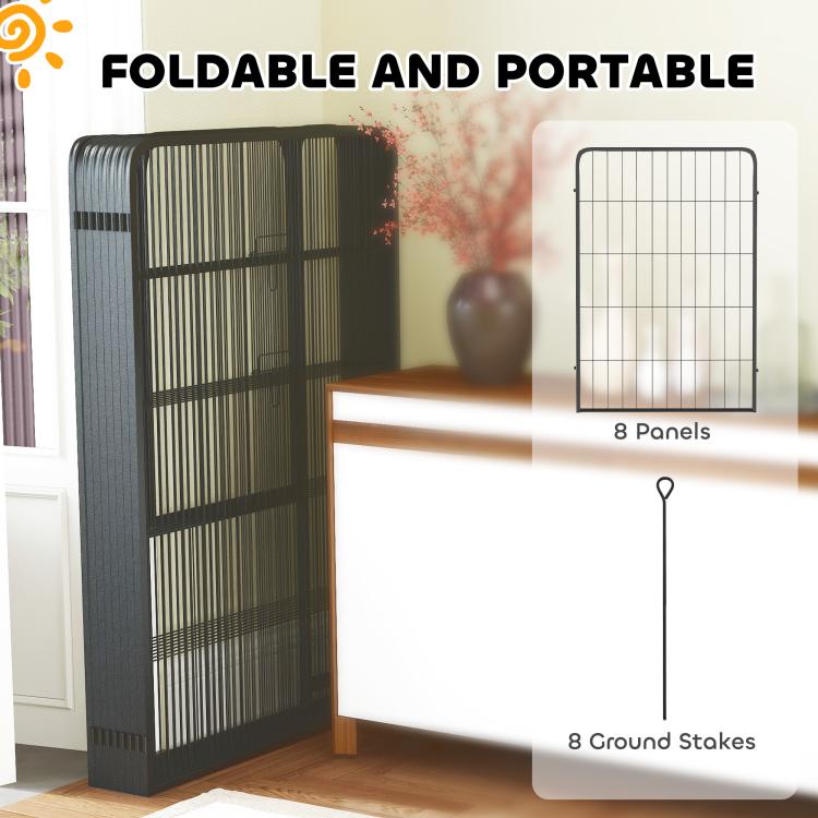 Foldable black metal dog playpen shown folded, with 8-panels inset view