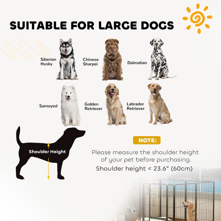 Large dog height guide with black 8-panel metal playpen shown at bottom