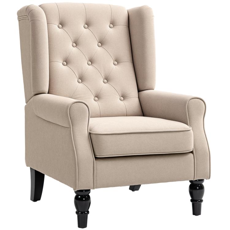 Beige wingback accent chair with button-tufted back, rolled arms, and dark turned legs