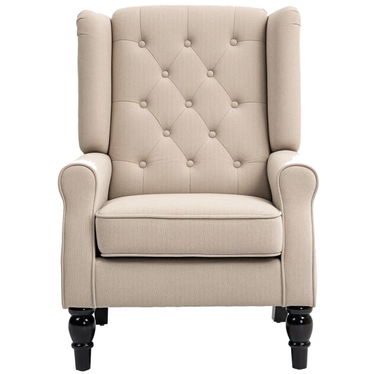 Beige wingback accent chair with button-tufted back and rolled armrests on dark legs