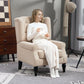 Beige wingback chair with button-tufted backrest, rolled arms, and dark wooden legs