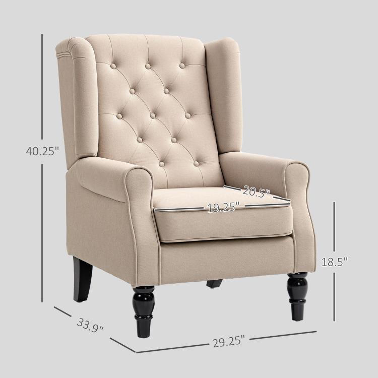 Beige wingback accent chair with button-tufted back, rolled arms, and dark turned legs