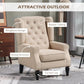 Beige wingback chair with rolled armrests, button-tufted back, and turned wooden legs