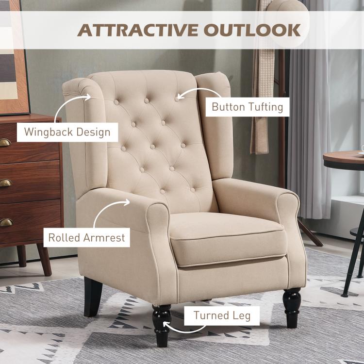 Beige wingback chair with rolled armrests, button-tufted back, and turned wooden legs