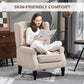 Beige wingback chair with button-tufted back and rolled arms on dark turned legs