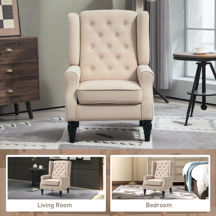 Beige wingback accent chair with button-tufted back and rolled arms, dark turned legs