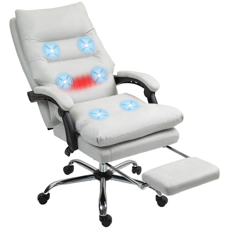 Light gray reclining massage office chair with footrest, swivel base, and blue heat nodes