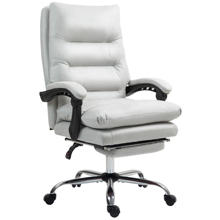 Light gray padded swivel recliner chair with armrests and black recline controls