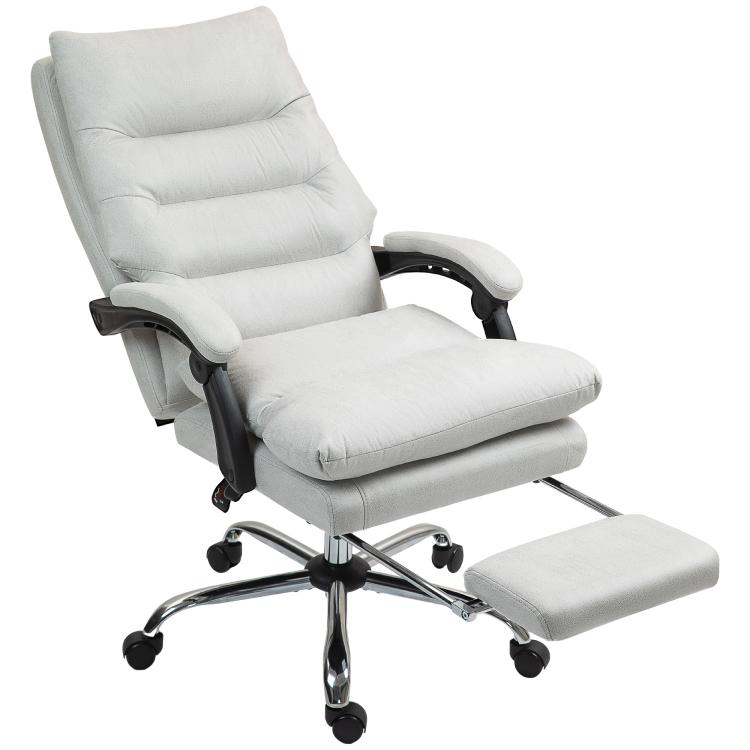Light gray reclining massage office chair with footrest and swivel wheels