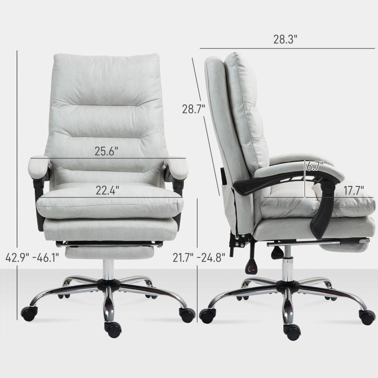 Light gray heated reclining chair shown with size measurements and footrest