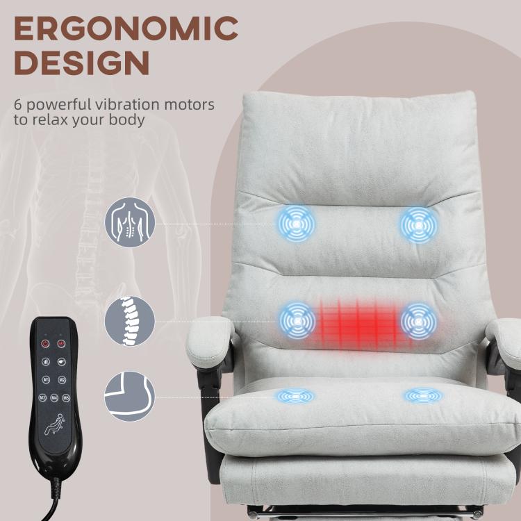Light gray massage chair with built-in back massage nodes glowing blue and red heat