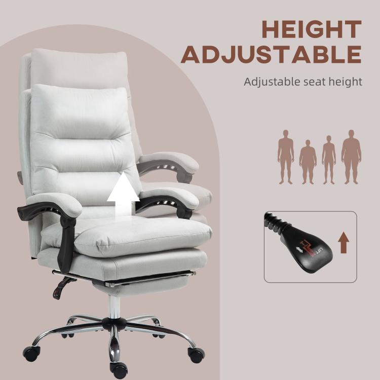 Light gray height-adjustable reclining massage chair with footrest and swivel base
