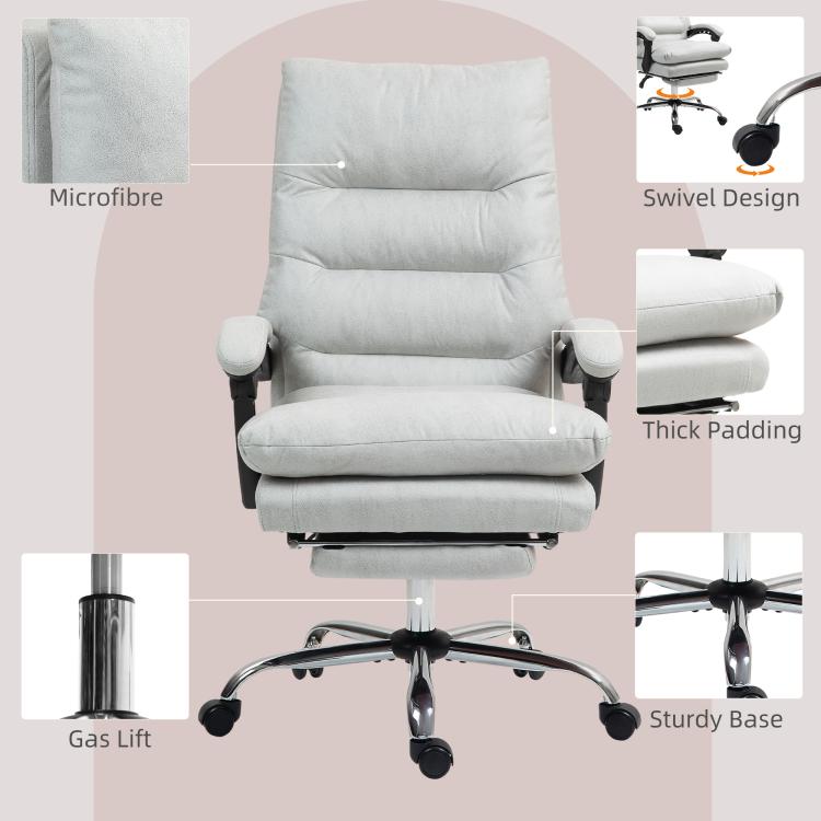 Light gray microfibre massage chair with thick padding, gas lift base, and swivel design