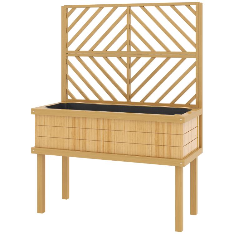 Natural wood elevated planter with front trellis frame and raised legs