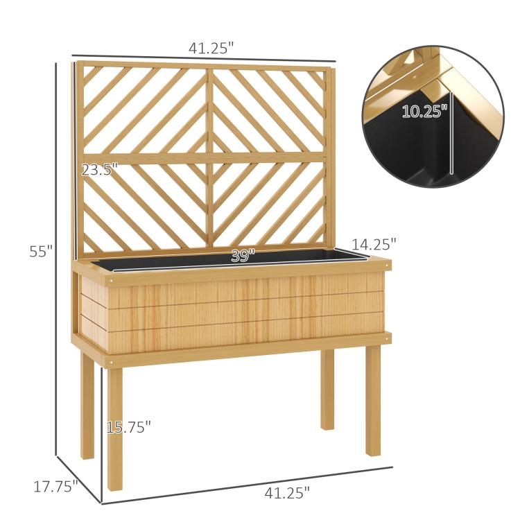 Wood raised planter with trellis, size diagram with leg height markings
