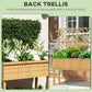 Wood raised planter with back trellis panel and dense green climbing plants