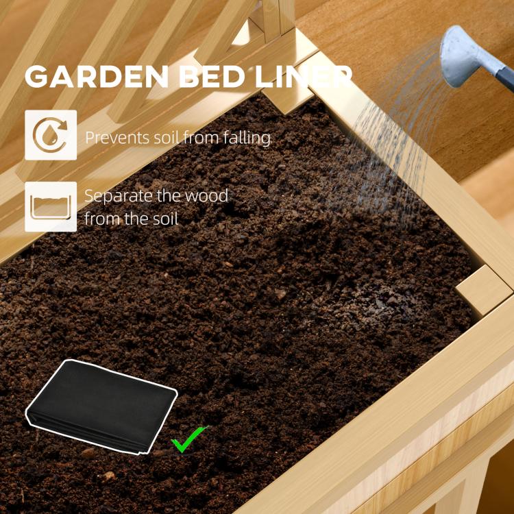 Wood garden bed liner panel shown inside a raised planter bed with soil