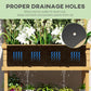 Wood planter bed with drainage holes, soil tray shown with water runoff