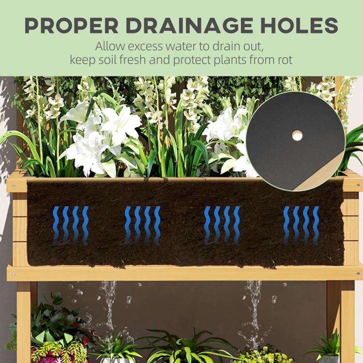 Wood planter bed with drainage holes, soil tray shown with water runoff
