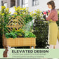 Wood raised planter with trellis and mixed flowers, watering with a garden hose