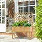 Wood raised planter with trellis on four legs, filled with green plants