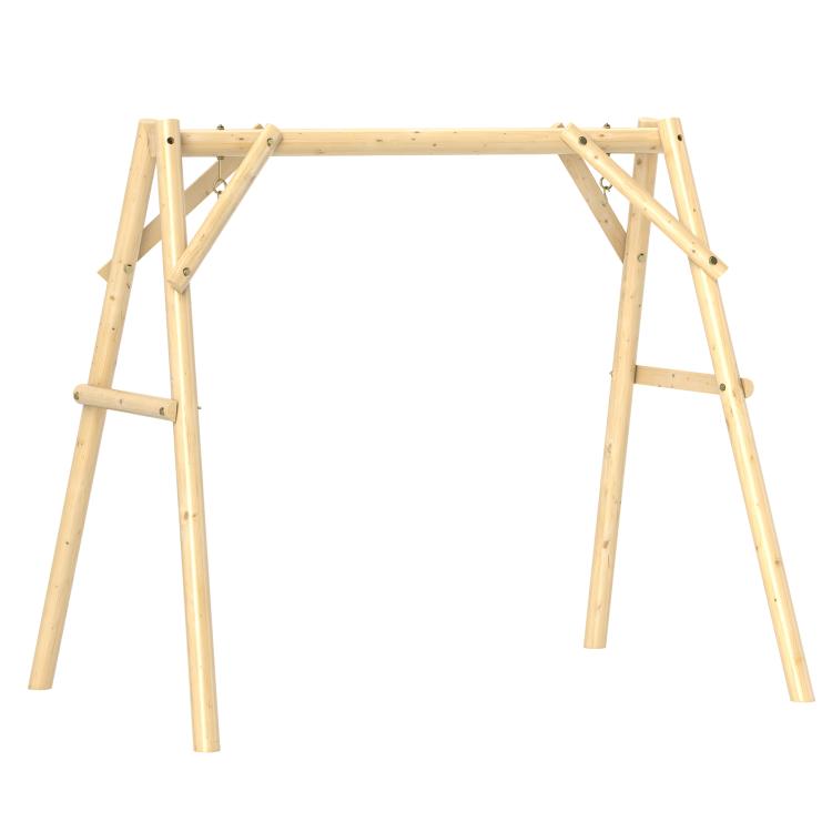 Natural wood A-frame porch swing stand frame with top beam and side supports