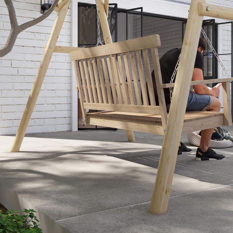 A-frame porch swing frame with wooden support legs and hanging bar, stand only
