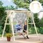 Natural wood A-frame porch swing stand with hanging chains and top crossbar