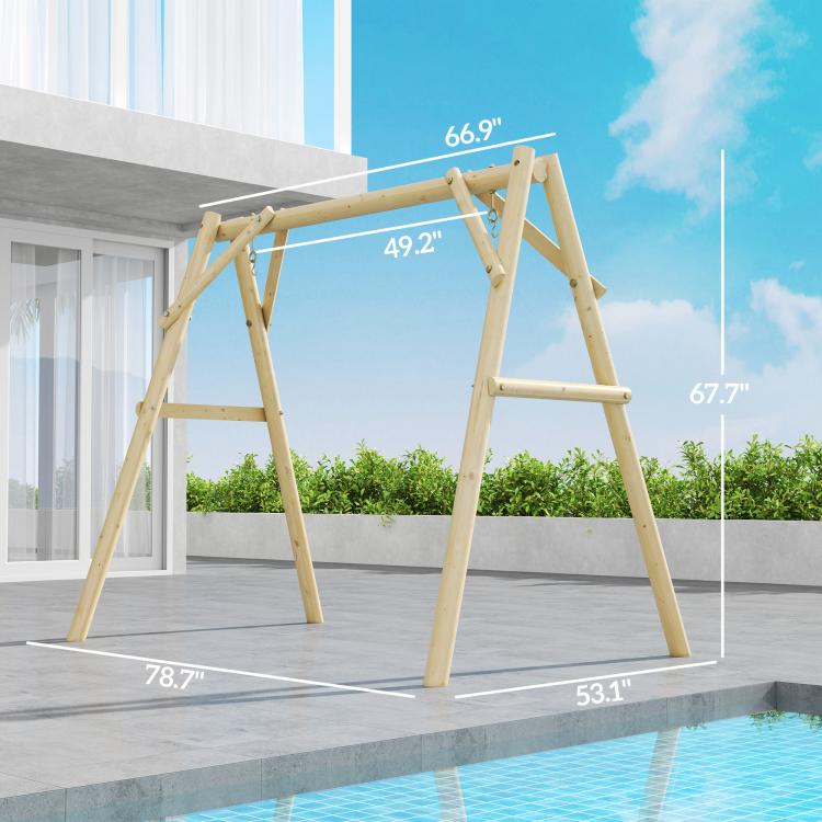 Natural wood A-frame porch swing stand with labeled dimensions on the frame