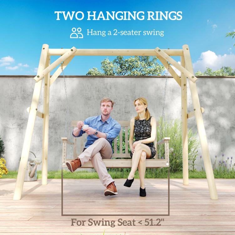 Natural wood A-frame swing stand with two hanging chains and top support bar