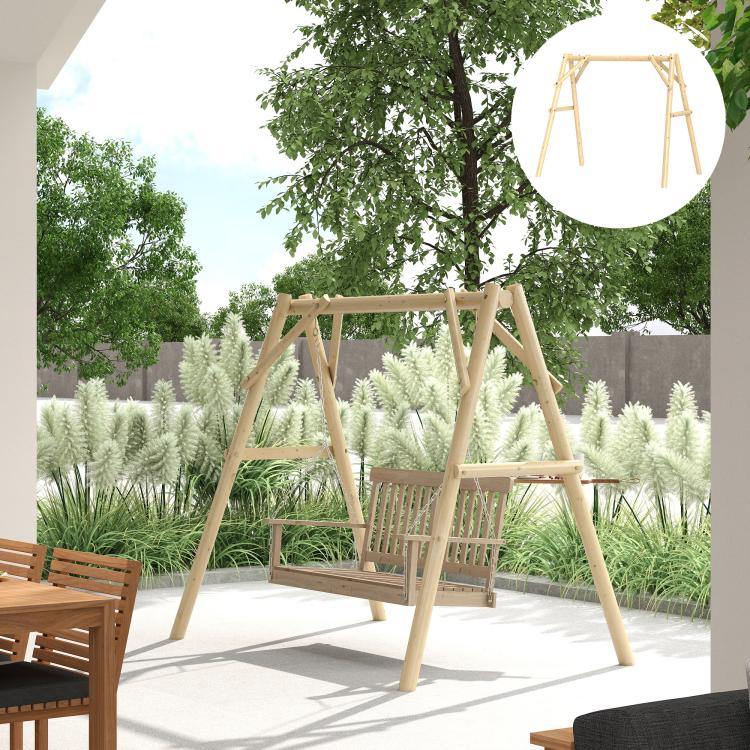 Natural wood A-frame porch swing stand with hanging seat frame and side rails