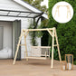 Natural wood A-frame porch swing stand with chains and hanging seat frame