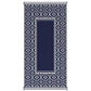 Navy and white outdoor rug with ornate corner pattern and solid navy center